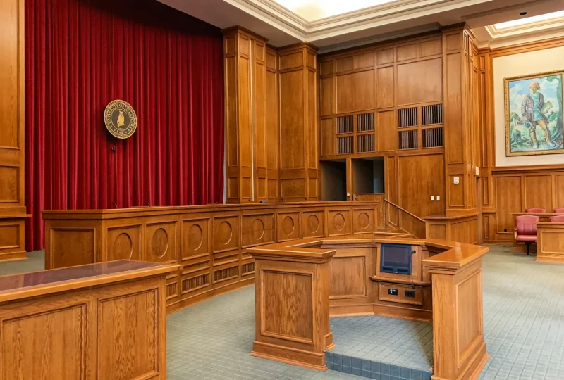 Empty wood-paneled courtroom with the judge’s bench and witness stand